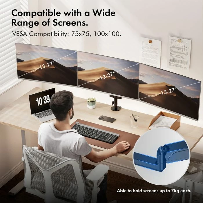 Mbajtës tavoline për 3 monitorë VONHAUS 3000243, 17-27 inç, gas spring, VESA 75x75/100x100, i zi