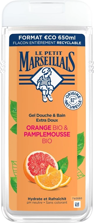 Xhel dushi dhe banje për femra Le Petit Marseillais Grapefruit Organic dhe Orange Organic, 650ml