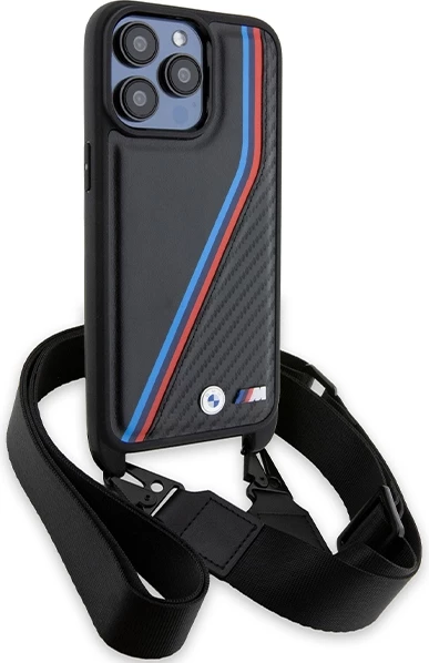 Mbështjellës BMW M Edition Carbon Tricolor Lines & Strap për iPhone 15 Pro Max, i zi