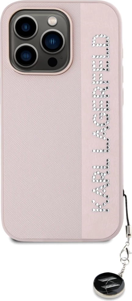 Mbështjellës Karl Lagerfeld Saffiano Rhinestones & Charm për iPhone 15 Pro, Rozë