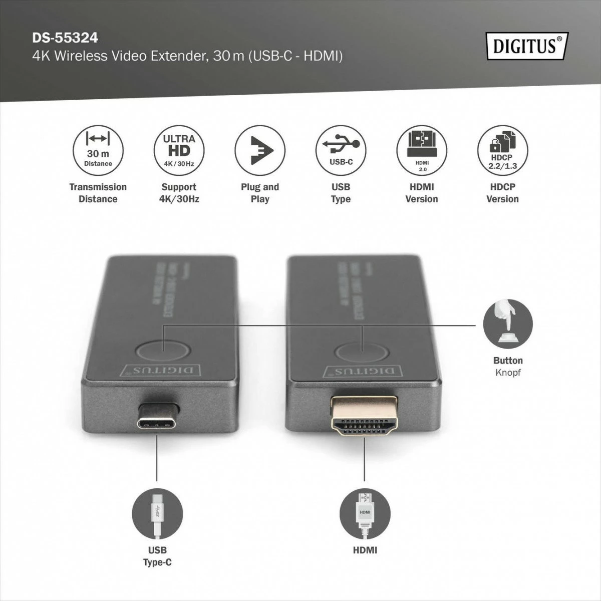 Set wireless HDMI extender Digitus DS-55324, UHD 4K, 30m, USB-C, zi/argjendtë