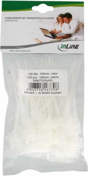 Lidhëse kabllosh InLine 59967G 100mm x 2.5mm, me zonë etiketimi, e bardhë, 100 copë