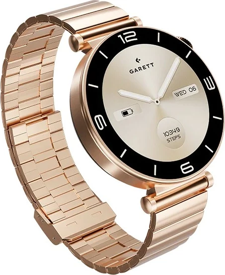 Smartwatch Garett Rose 1.32" AMOLED, Bluetooth, IP67, 260 mAh, me byzylyk çeliku + rrip lëkure, Rose Gold