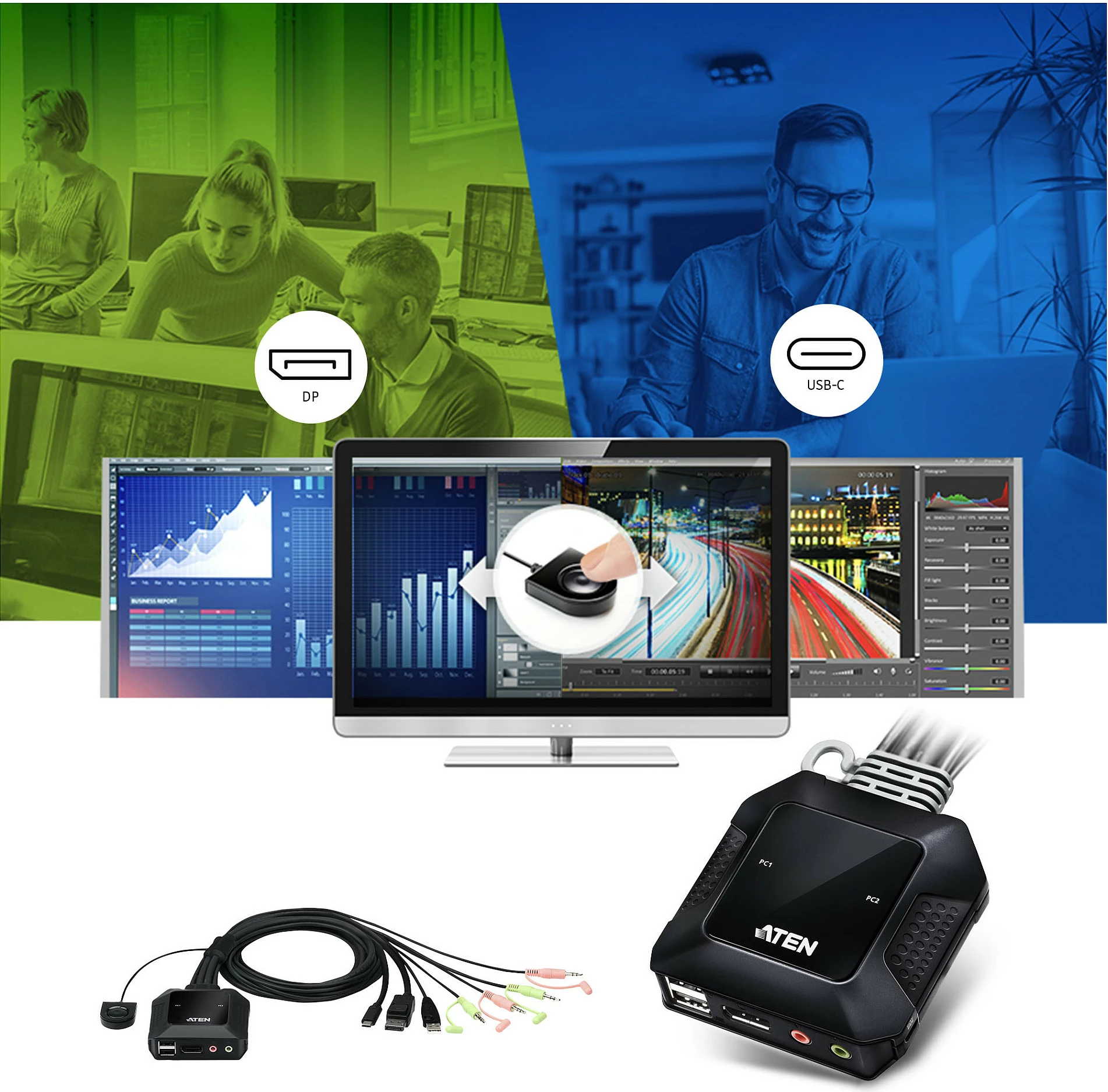 Switch KVM ATEN CS52DP, USB-C/DisplayPort, 2-Port, 4K, i Zi