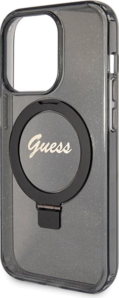 Mbështjellës Guess Ring Stand Script Glitter MagSafe për iPhone 14 Pro, i zi