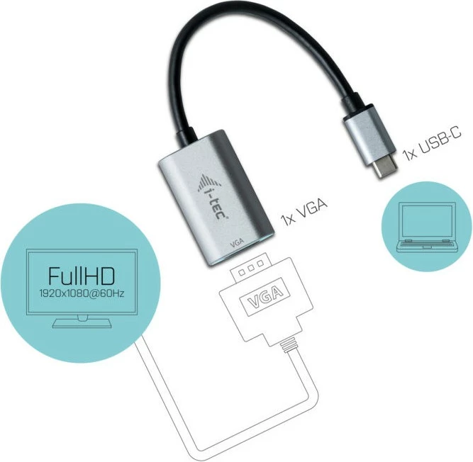 Adapter USB-C në VGA I-Tec, metalik, 0.15m, gri