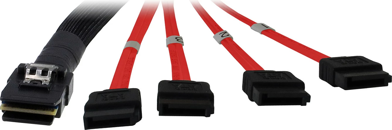 Kabllo Mini-SAS SFF-8087 në 4x SATA Inter-Tech, 1m, e kuqe