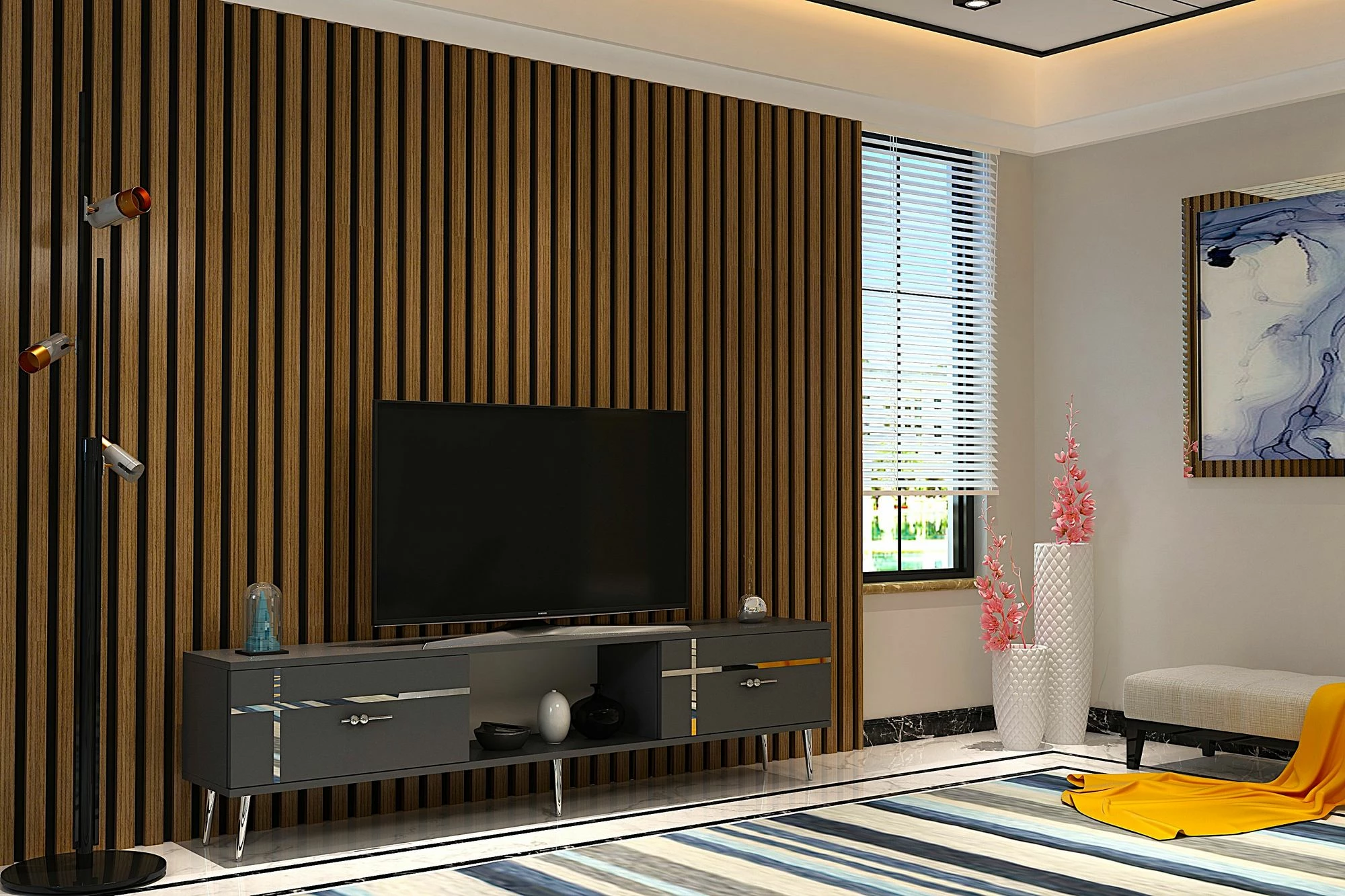 Komodë për TV, ngjyrë antracit dhe argjendi, Skye Decor
