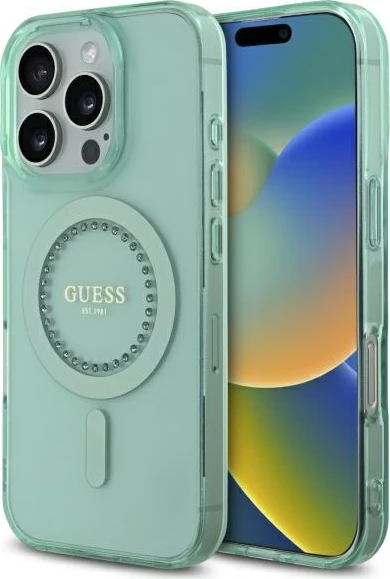 Mbështjellës Guess IML Rhinestones MagSafe për iPhone 16 Pro Max, i gjelbër