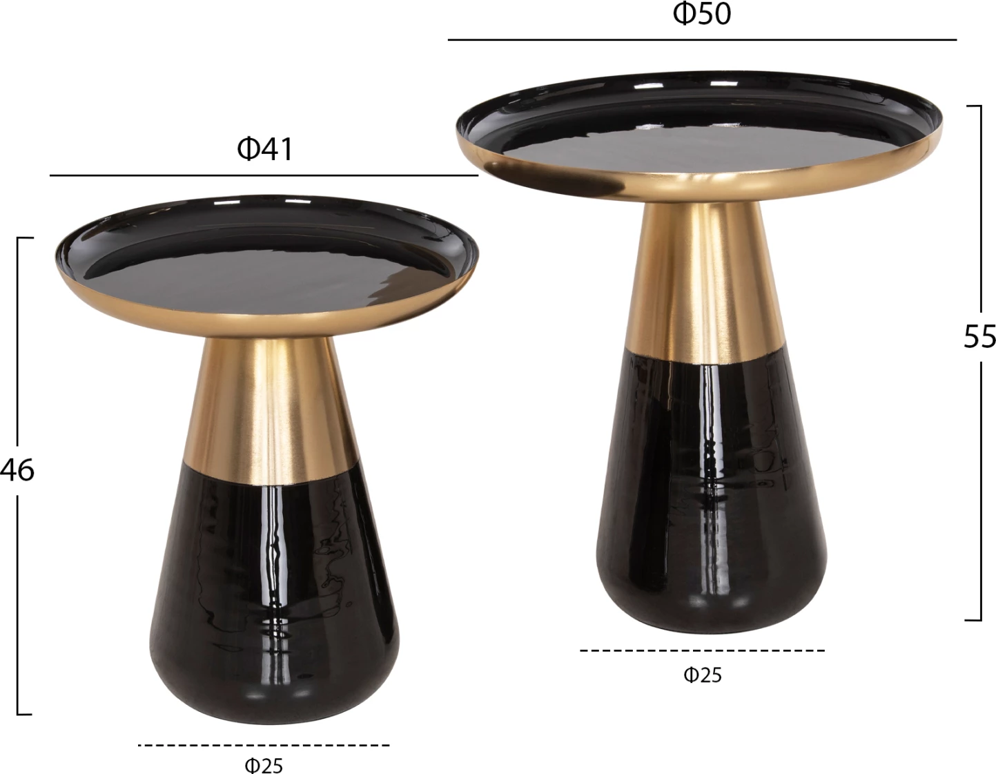 Tavolina kafeje 2 copë OLUF FH9922 metal i emaluar-ngjyrë e zezë me shkëlqim-ari mat Φ50 & Φ41 cm