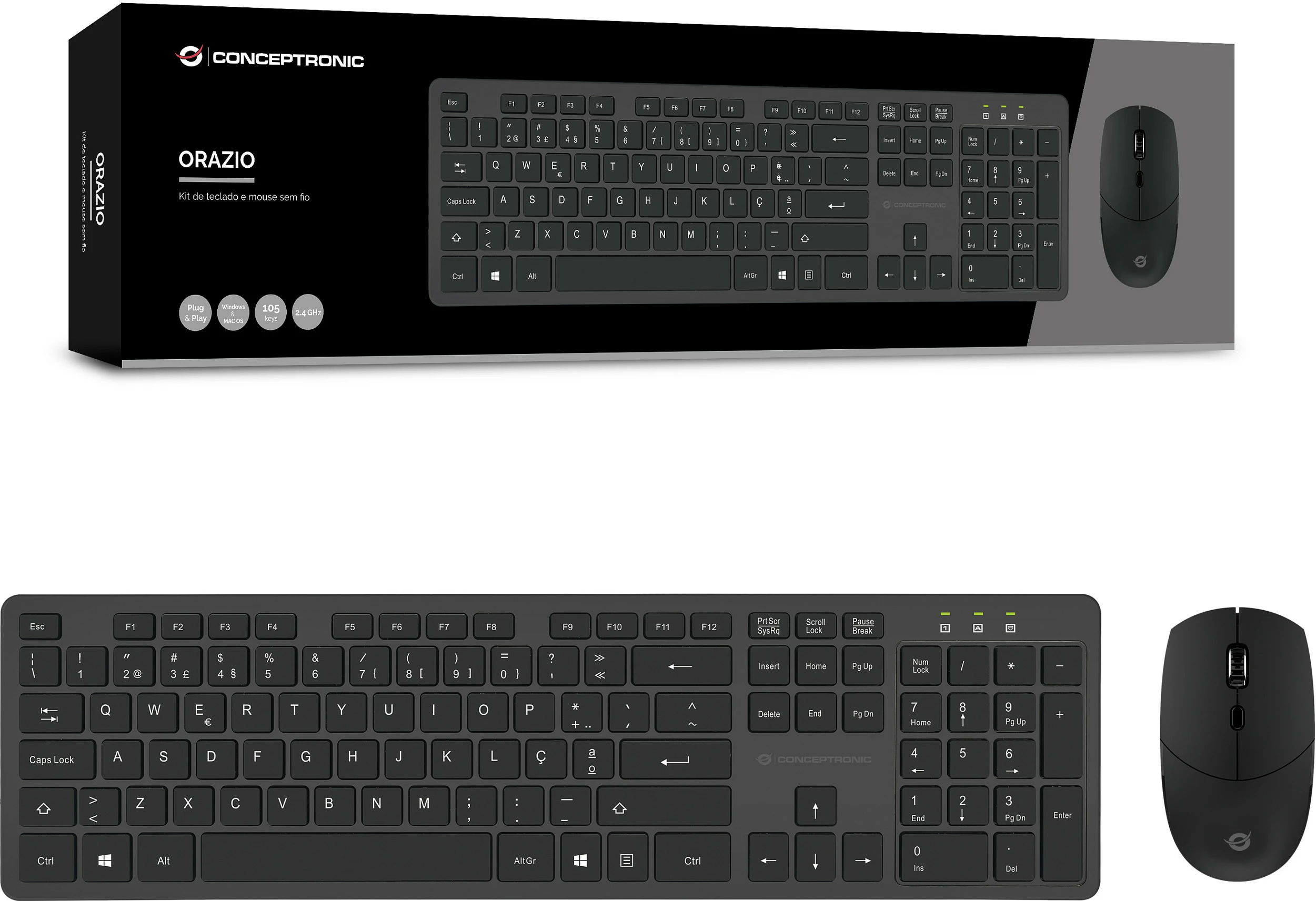 Set tastierë wireless me maus Conceptronic, QWERTY portugalisht, 105 taste, 2.4GHz, e zezë