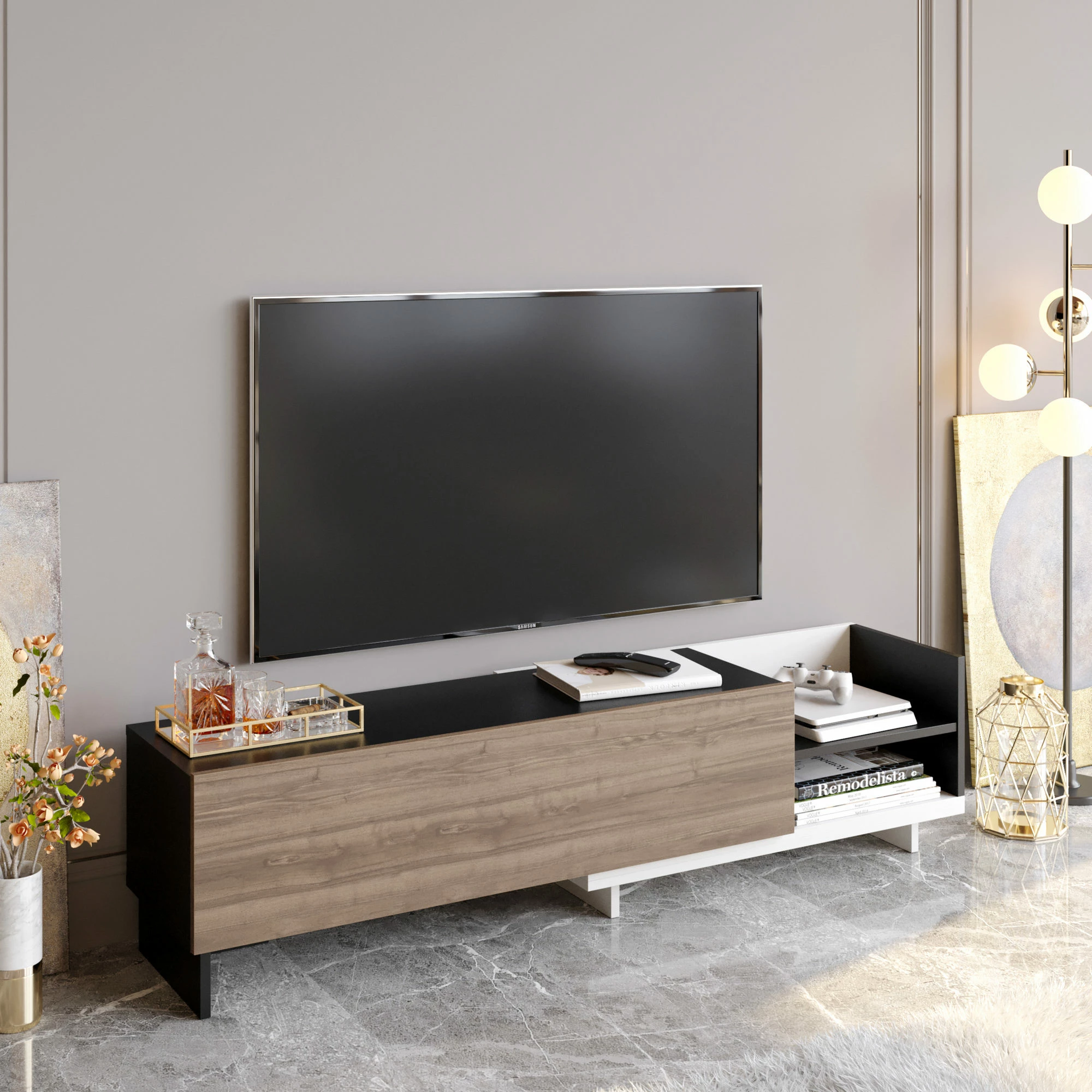 Komodë televizori, stil skandinav, ngjyrë e bardhë, e zezë, arre, Skye Decor, Parion