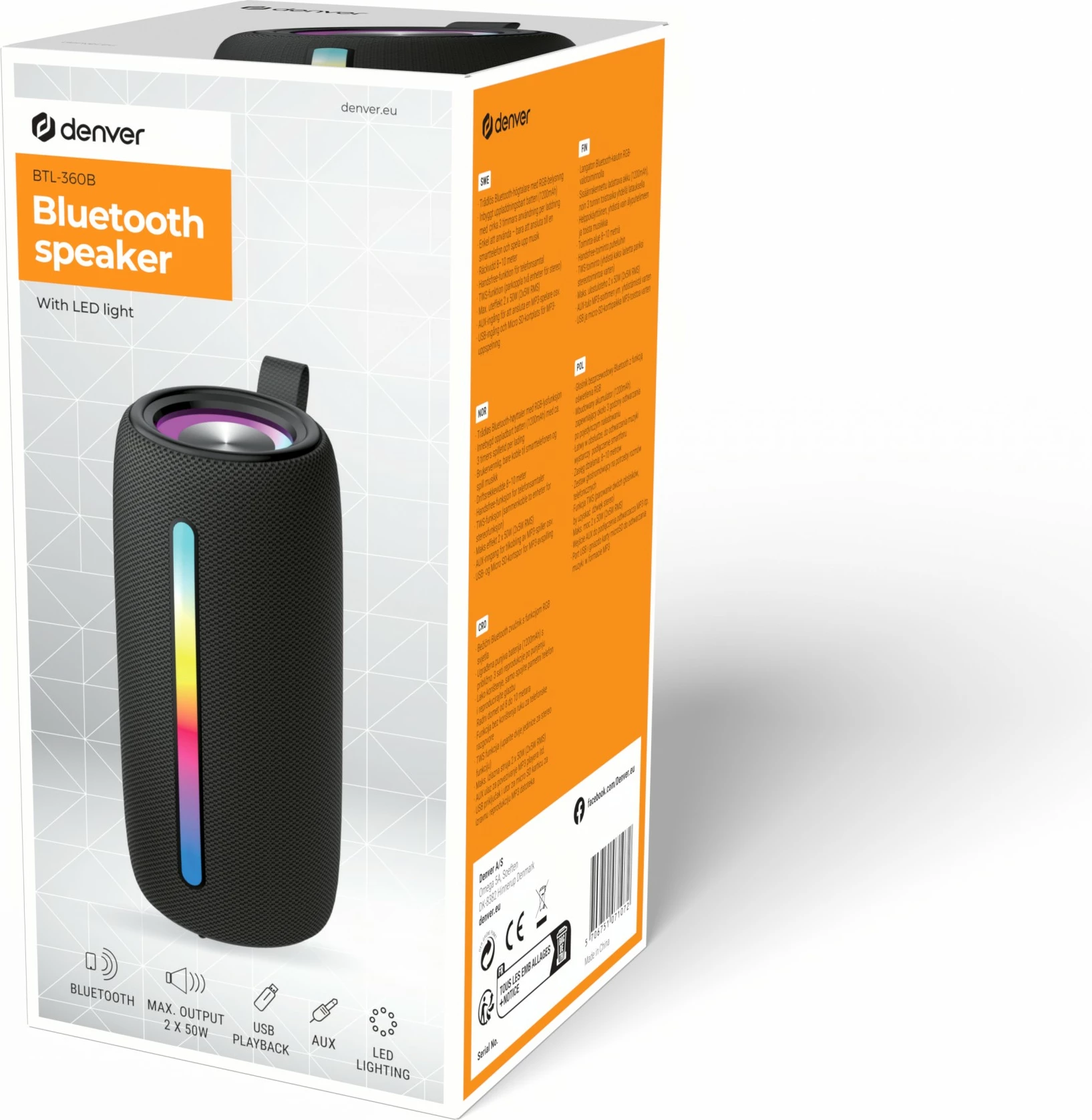 Altoparlant Bluetooth Denver BTL-360B me drita LED, i zi