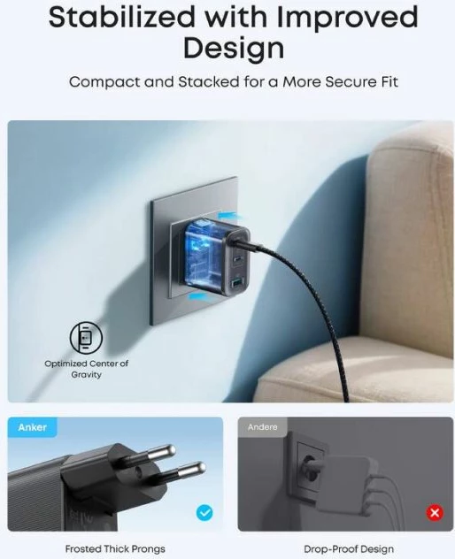 Karikues ANKER Nano A121AL11 70W 3-portësh me kabllo USB-C 1.5m, i zi