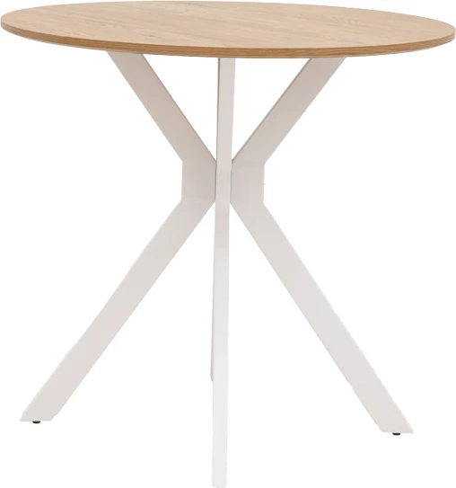 Tavolinë Xuson, mdf natyral, këmbë metali të bardha, D80x75cm