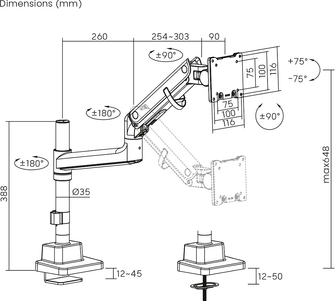 Mbajtës monitori Digitus Single Monitor Mount, 57", 27 kg, VESA 75x75/100x100, Clamp, i bardhë
