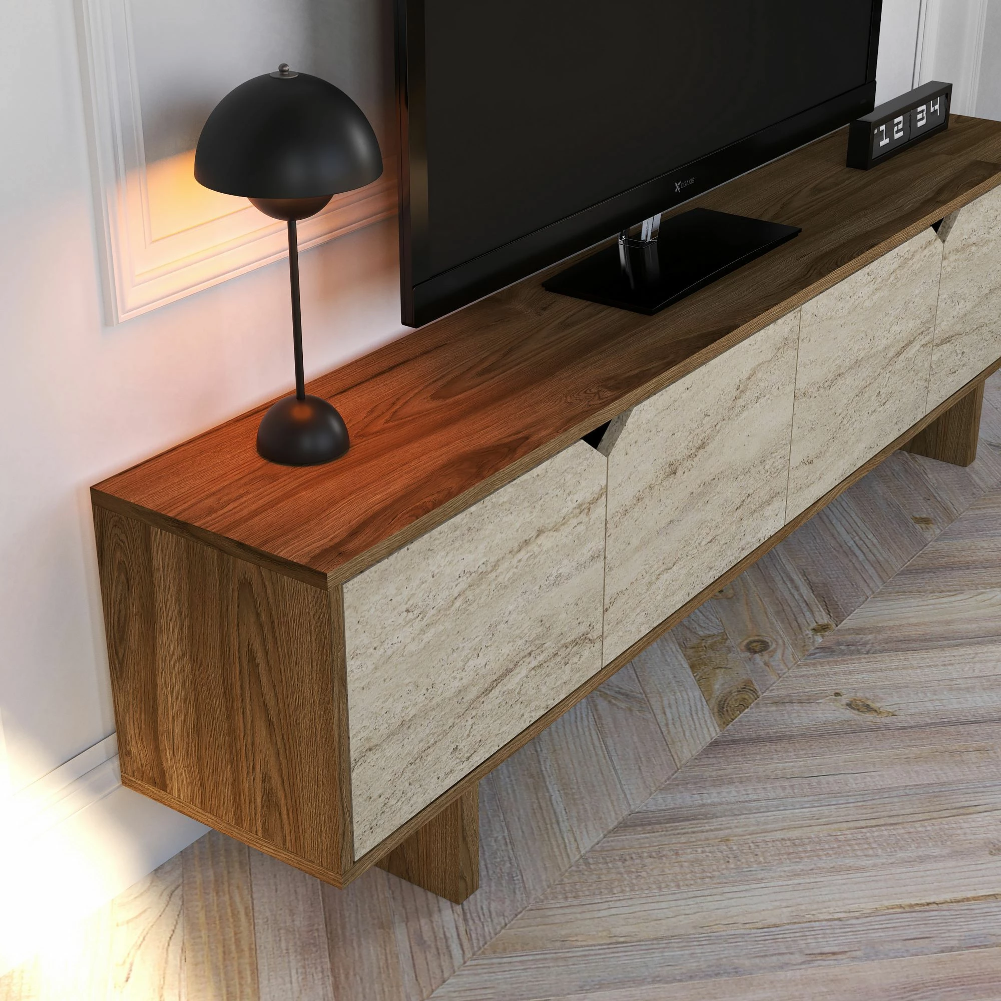 Komodë TV Skye Decor, ngjyrë arrë, travertin