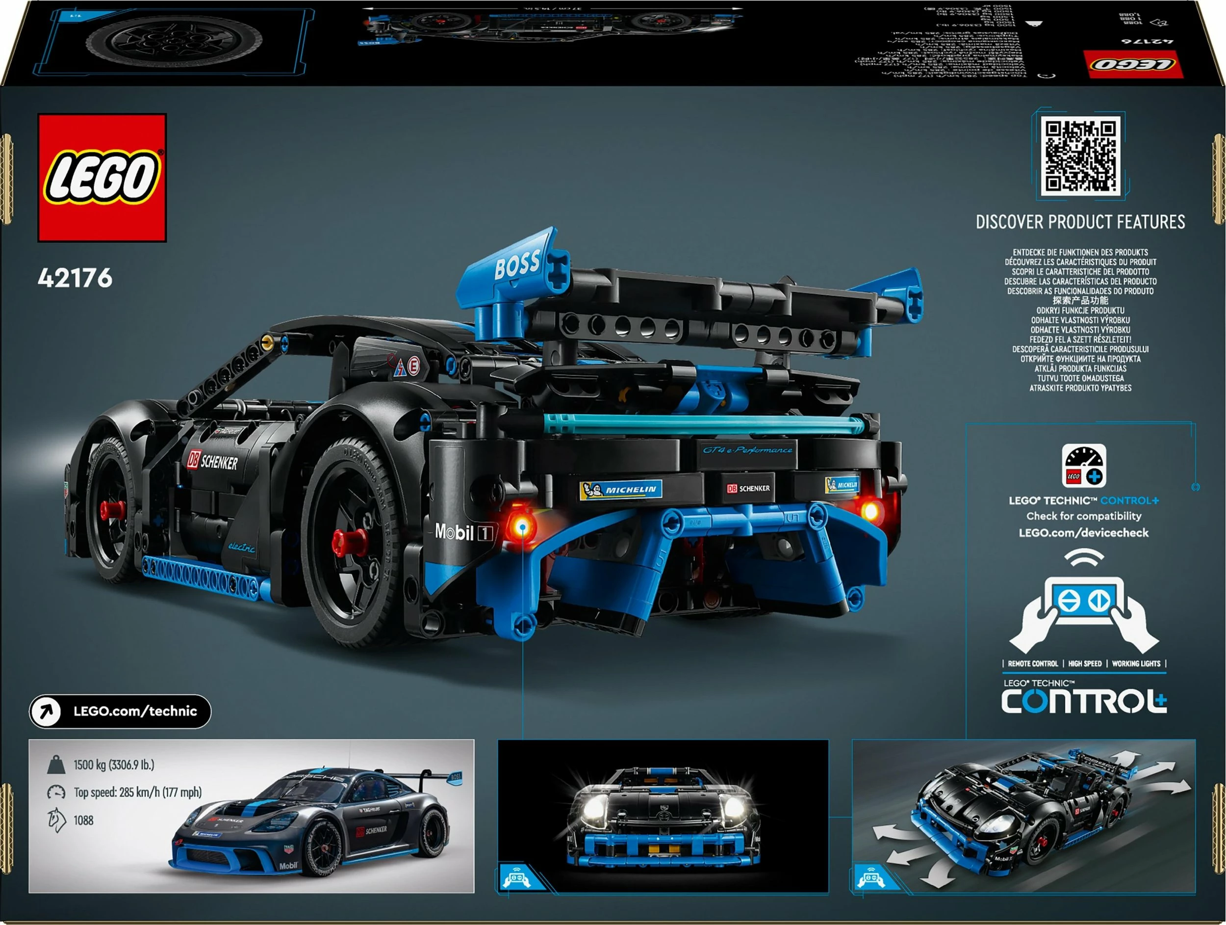 Set LEGO Technic Porsche GT4 e-Performance 42176, 834 copë, remote-control me CONTROL+, zi/kaltër