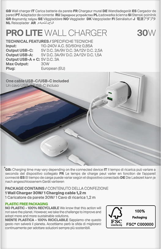 Karikues muri Puro PROLITE 30W me USB-A/USB-C + kabllo USB-C në USB-C 1.2m, Bardhë