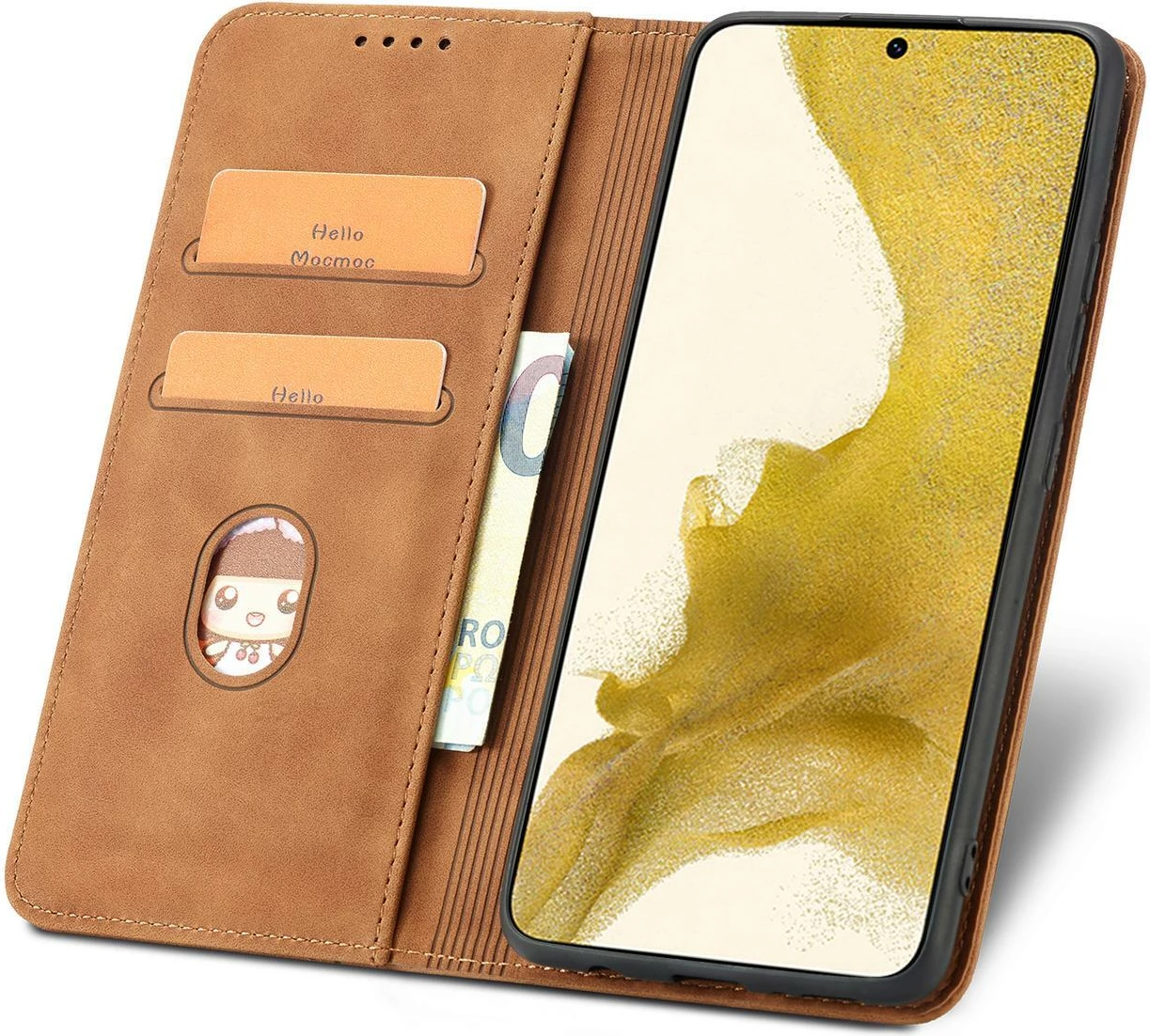 Mbështjellës Hurtel Magnet Fancy Case për Samsung Galaxy S23+, flip cover, portofol, kafe