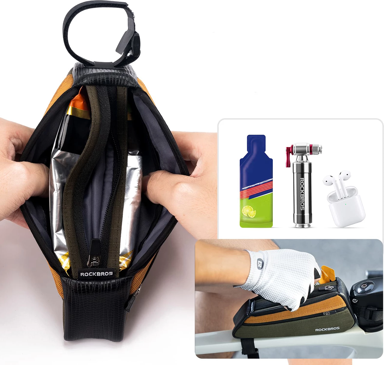 Çantë top tube për biçikletë Rockbros 088 0.25L, gjelbër/portokalli
