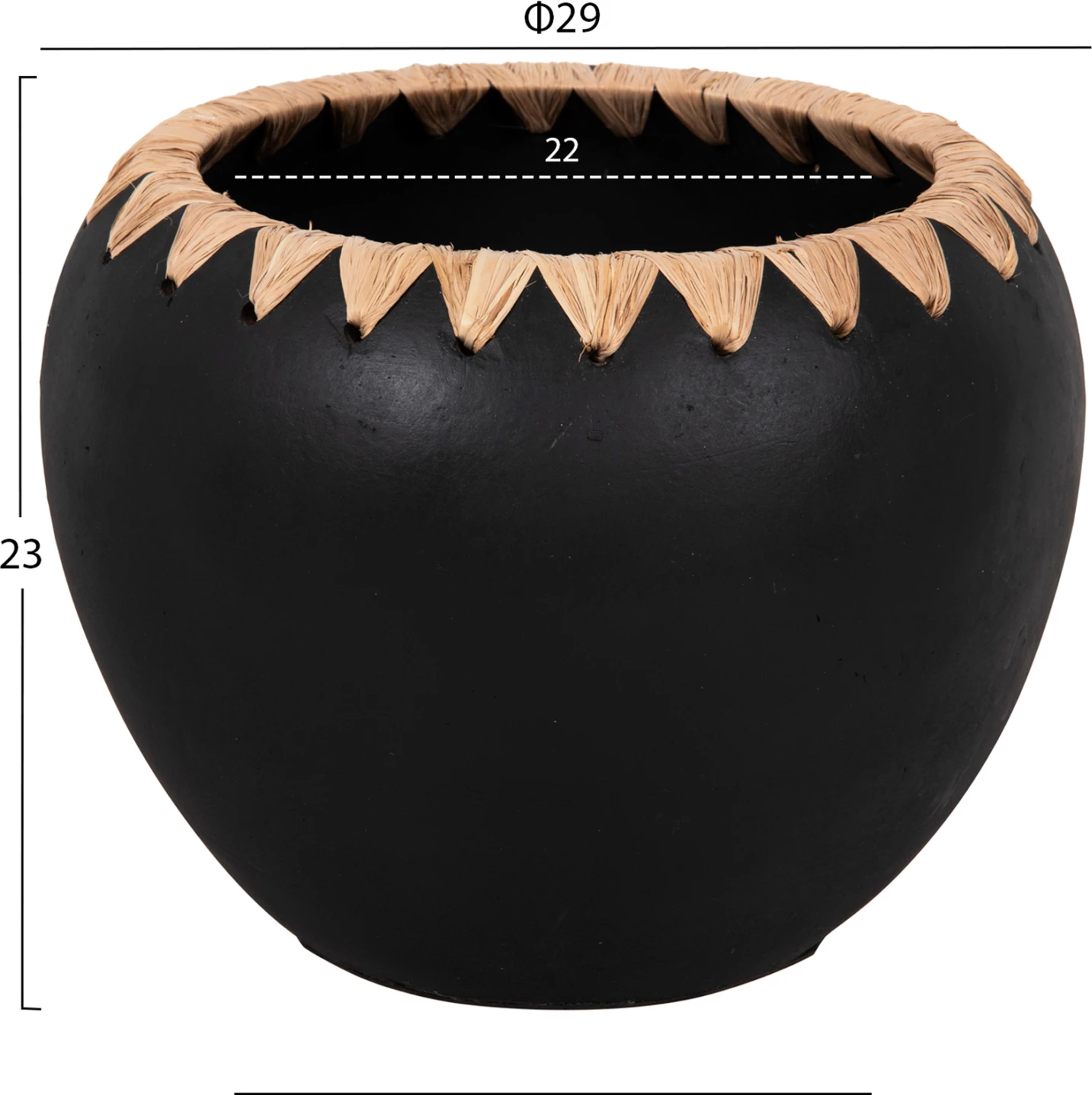 Vazo dekorative FH4374 terrakote, ngjyrë e zezë me thurje kashte në buzë, Φ29x23H cm