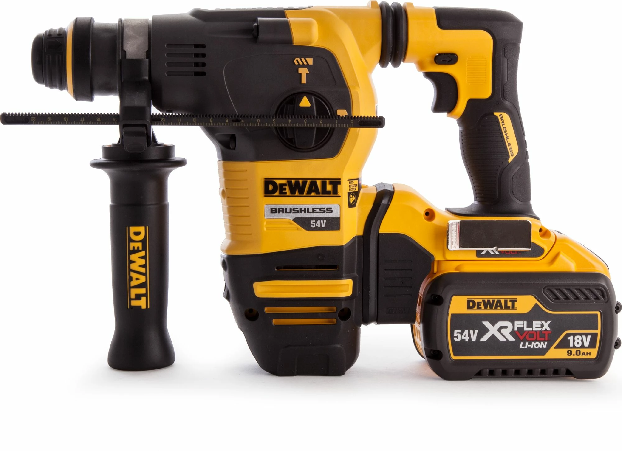 Trapan çekiç rrotullues Dewalt DCH333X2 54V 3.5J SDS-Plus, 2x 9Ah me karikues, në kuti, e verdhë/zezë