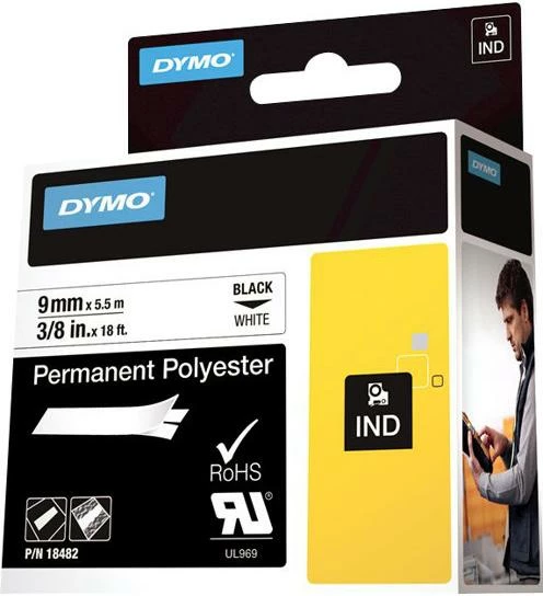 Shirit etiketimi Dymo Rhino Industrial S0718240 (18482) 9mm x 5.5m poliester i përhershëm, zi mbi të bardhë