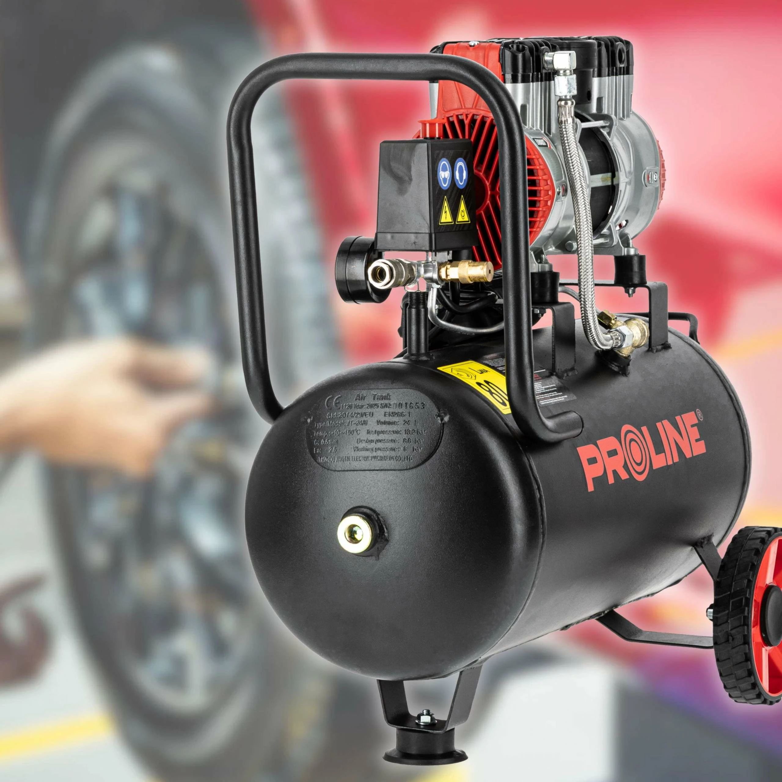 Kompresor ajri pa vaj PROLINE P200004 24L 750W/1HP 8 bar 167 l/min, zi/kuq
