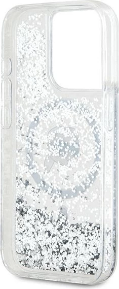 Mbështjellës Karl Lagerfeld Liquid Glitter Karl Head MagSafe për iPhone 15 Pro Max, Transparent