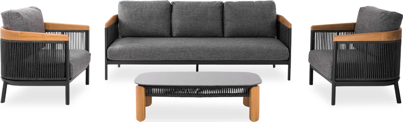 Set lounge 4 pjesësh Ethereal, alumin, litar, dru teak, gur sintetik, ngjyrë qymyr, CD6165.02