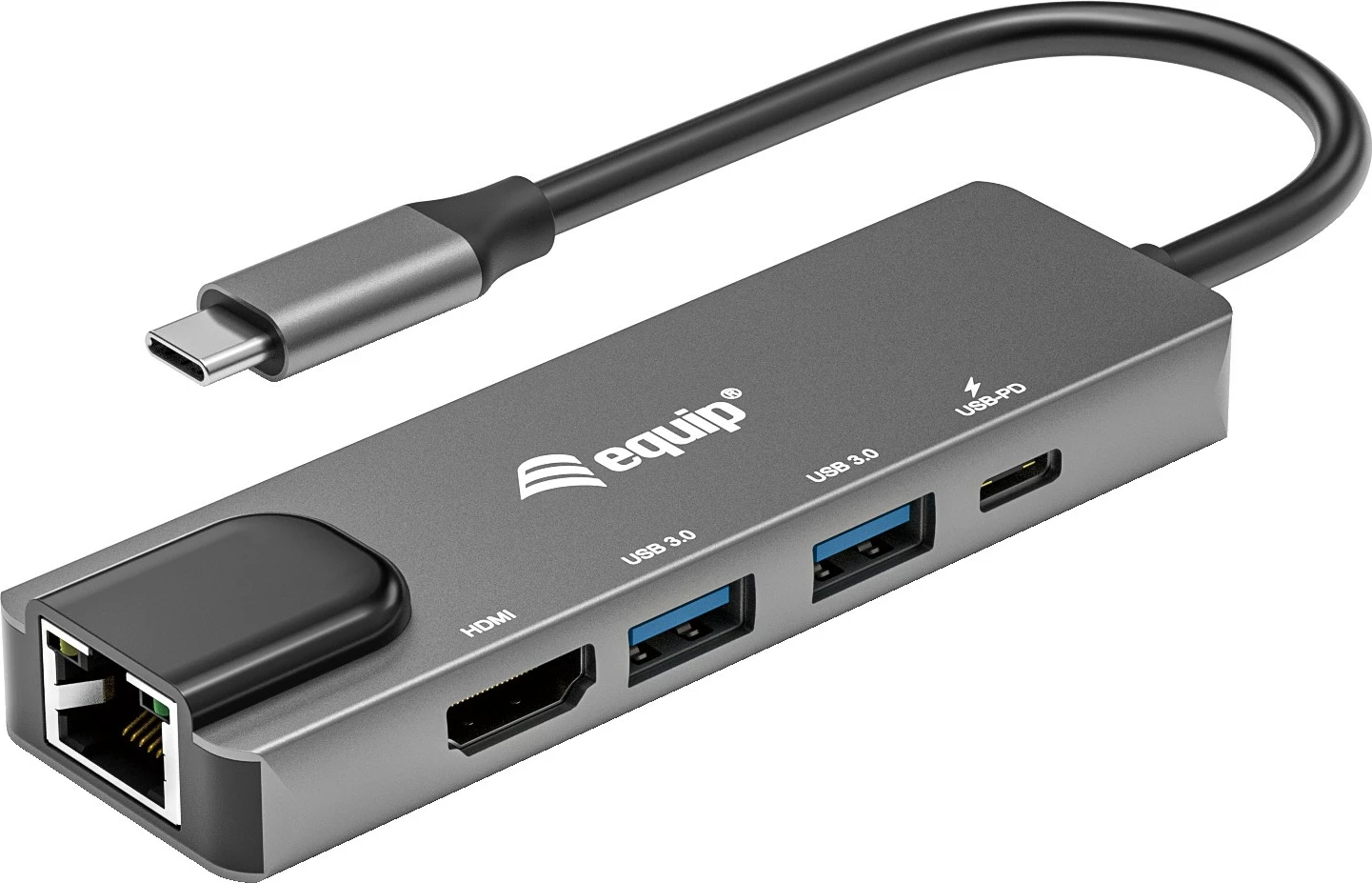 Adapter multifunksional USB-C Equip 133489, 5 porte, HDMI, Gigabit LAN, 100W PD, Gri