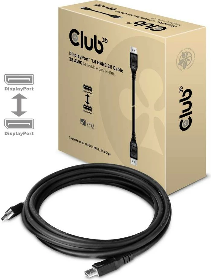 Kabllo DisplayPort Club3D 1.4, 5m, 32.4Gb/s, e zezë