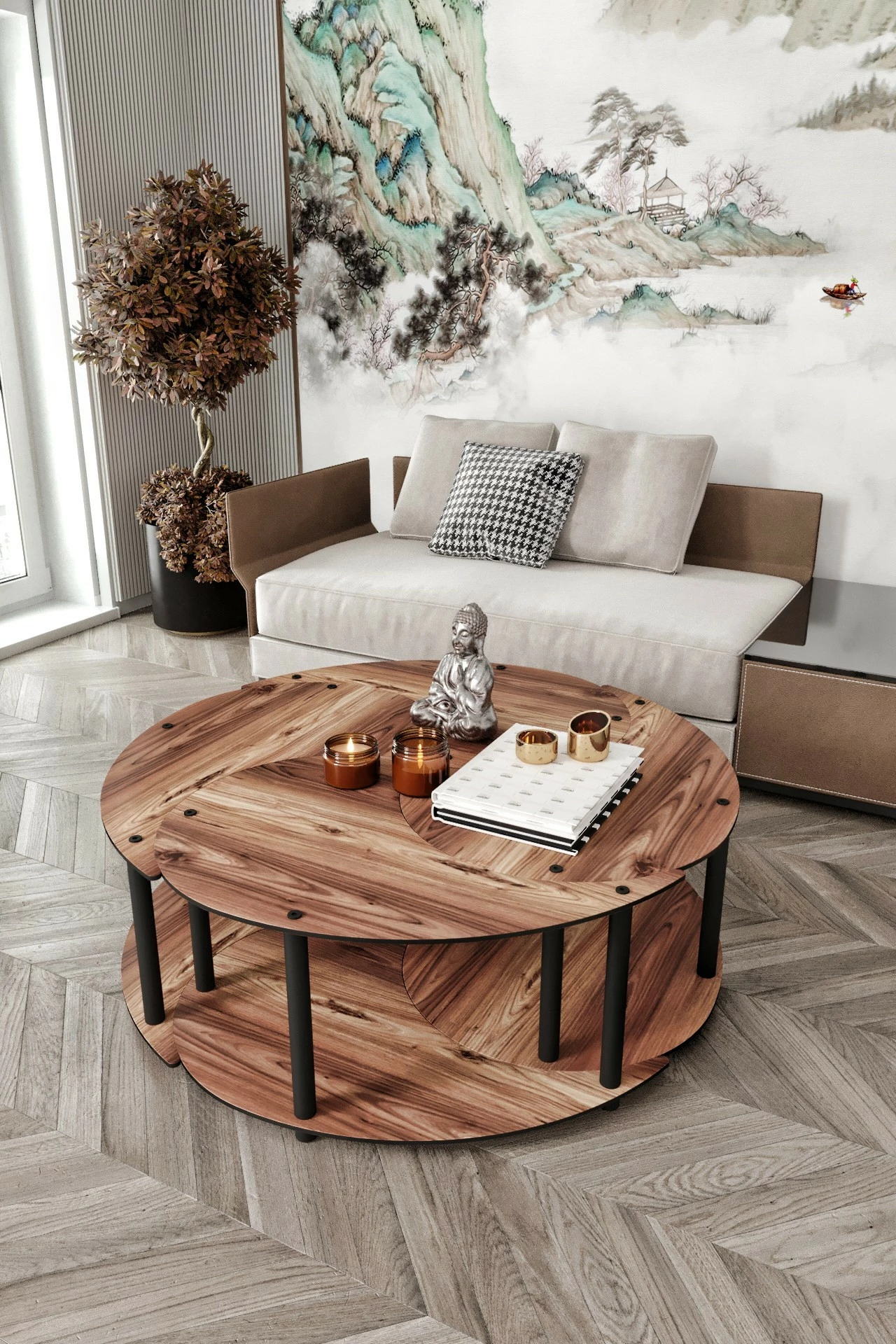 Set tavoline kafeje, Skye Decor, Yin Yang 4 copë, ngjyrë arre, 70cm