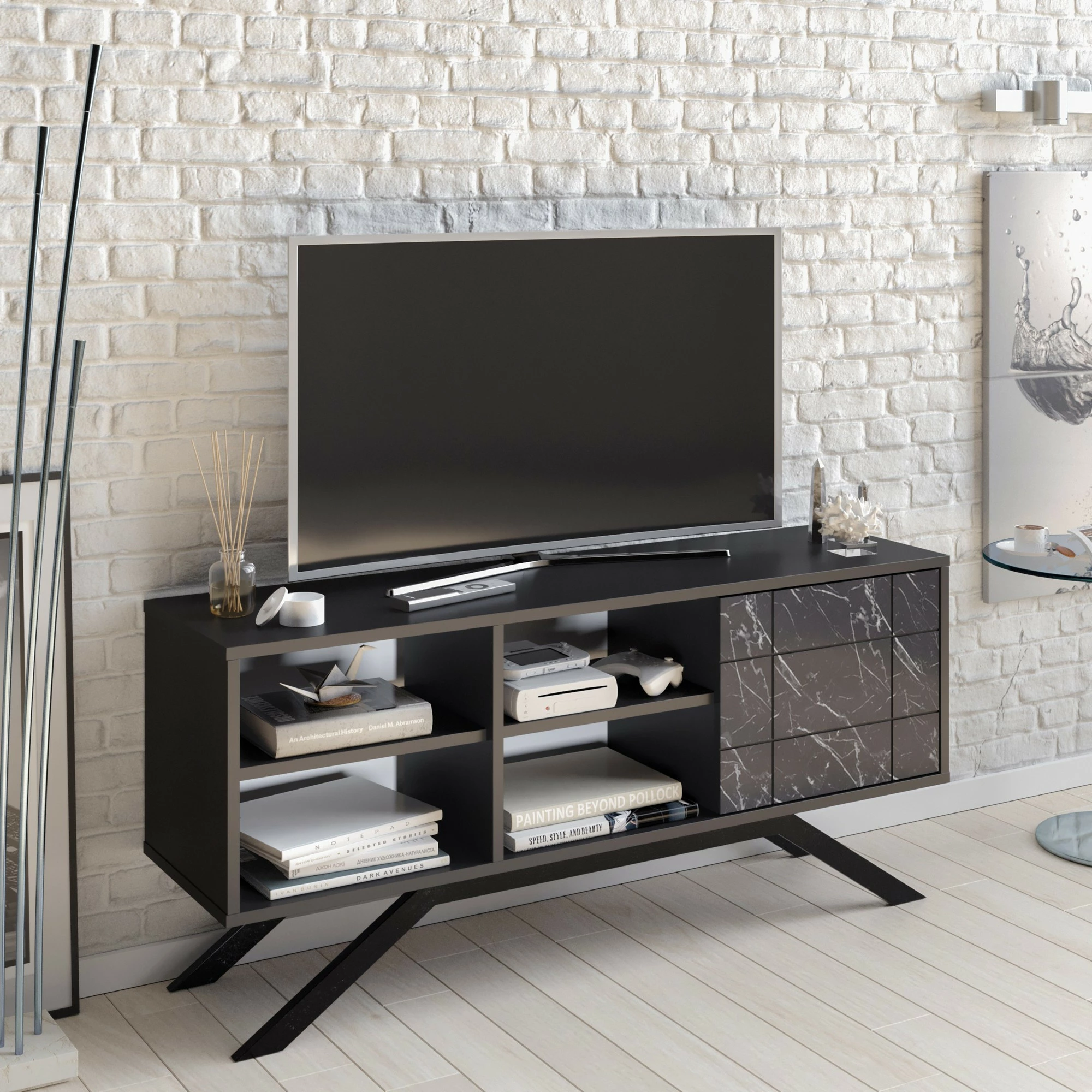 Komodë TV Hanah Home, ngjyrë e zezë, detaje mermeri