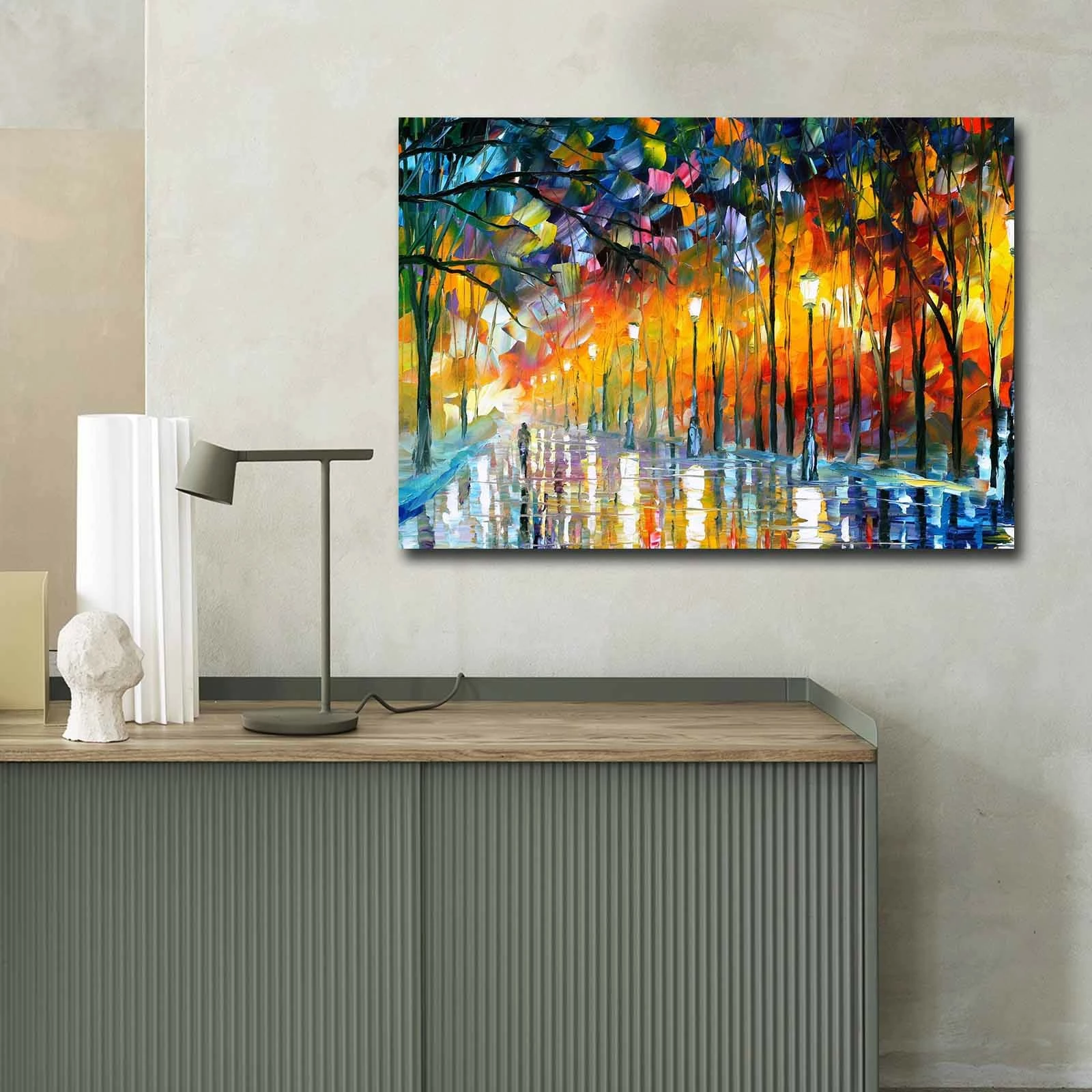 Pikturë dekorative në kanavacë, shumëngjyrëshe, 70x100cm, kornizë druri, Misty Mood in the Park, Leonid Afremov
