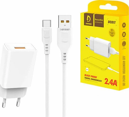 Karikues muri Denmen DC01 12W 2.4A, 1x USB-A + kabllo USB-C, i bardhë (set)