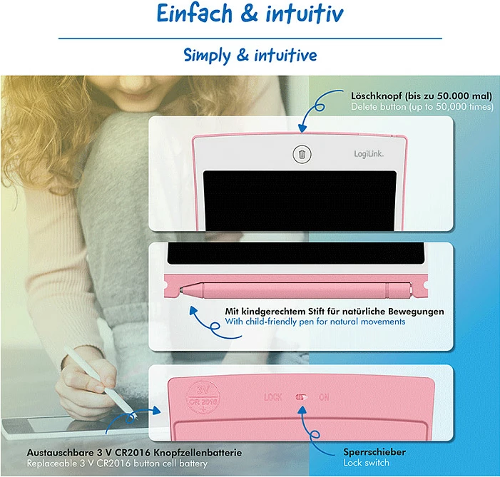 Tablet shkrimi LCD LogiLink 8.5", multi color, rozë