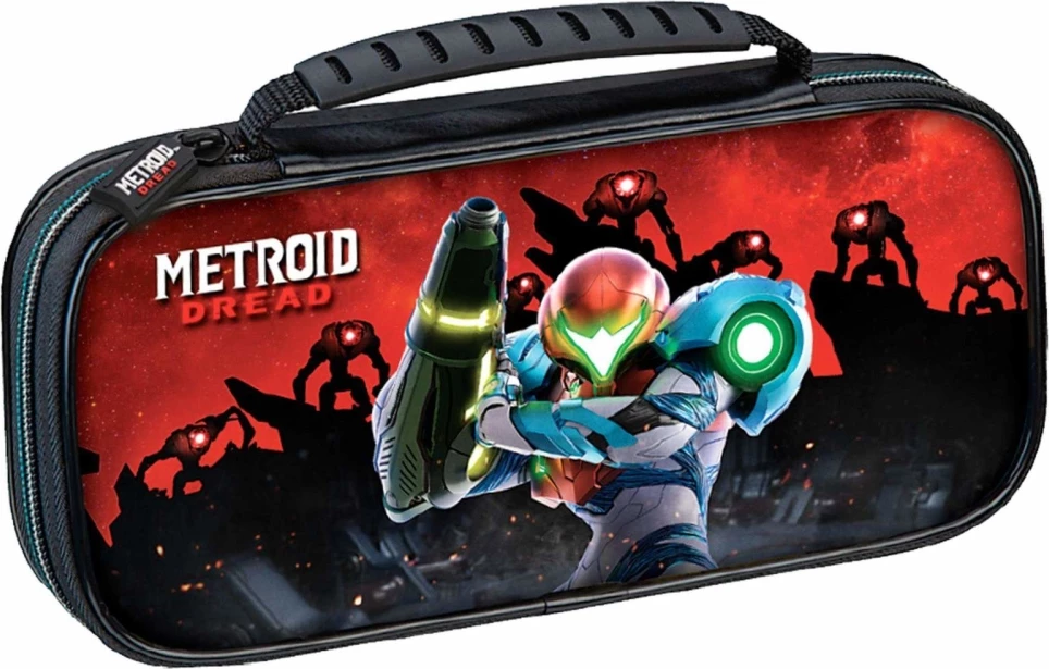 Torbicë udhëtimi e fortë për Nintendo Switch Nacon/Bigben Deluxe Travel Case Metroid Dread, kompatibile Switch/OLED/Lite, me mbajtëse kartele & microSD, kuqe/zezë, set 4 copë