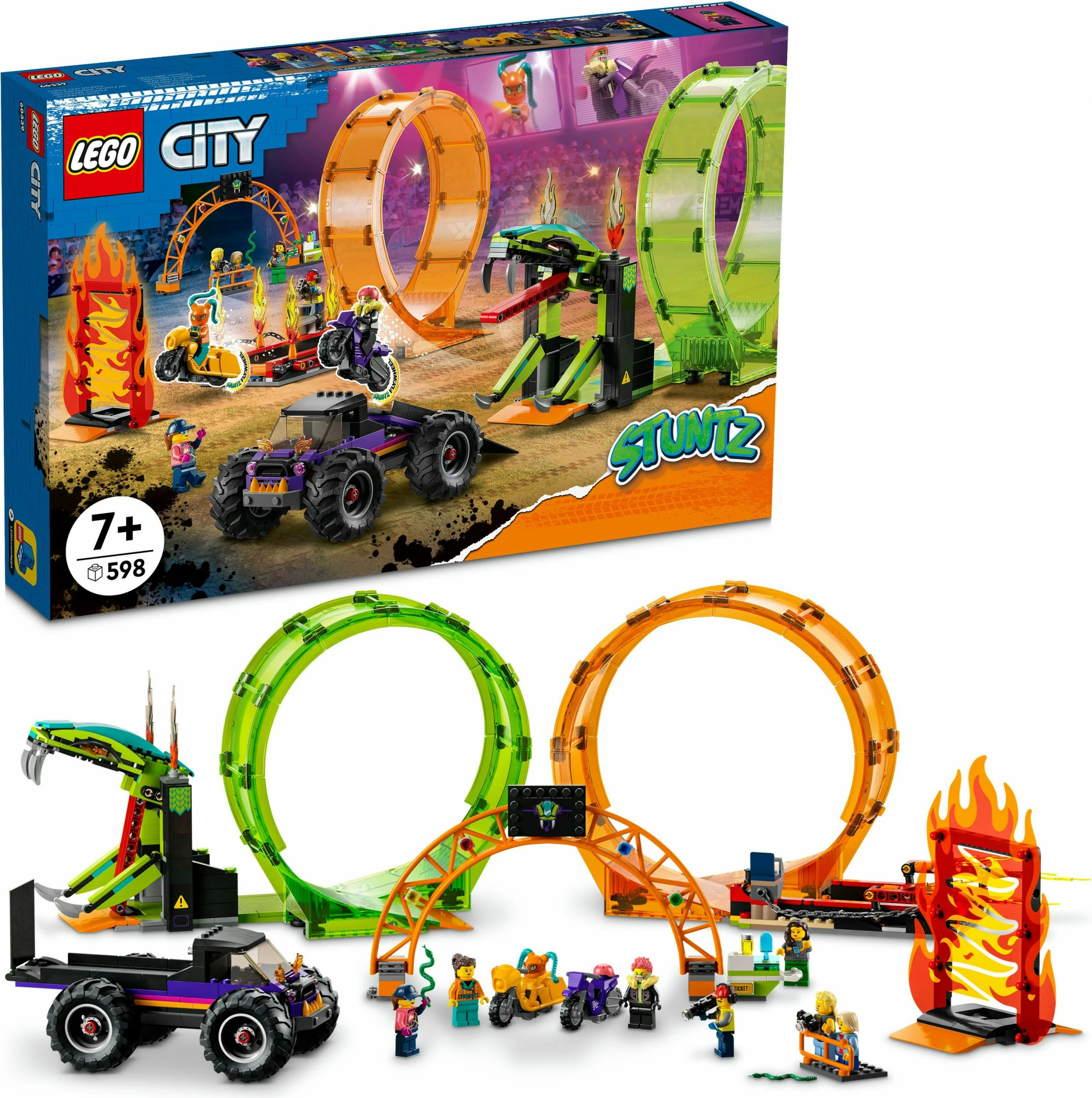 Set ndërtimi LEGO City Double Loop Stunt Arena, 598 pjesë, plastikë, shumëngjyrësh