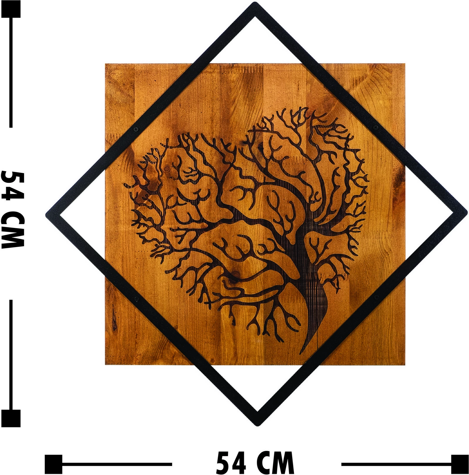 Aksesor dekorativ prej druri për mur, Wallity, pemë 2, ngjyrë arre dhe e zezë, 54x54cm