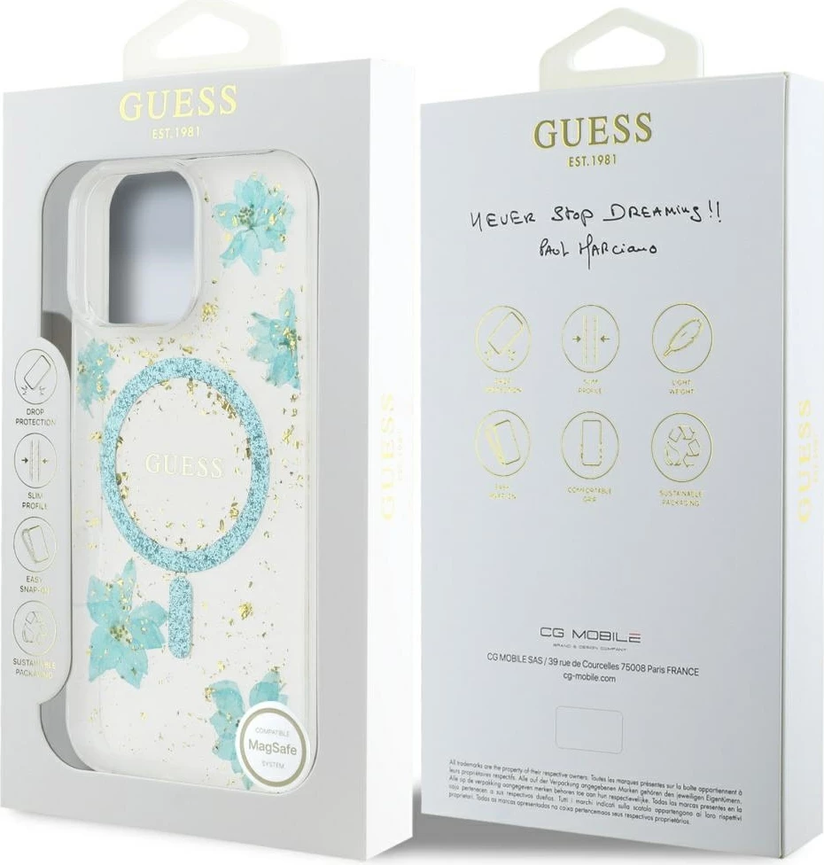 Mbështjellës Guess Resin Flowers Glitter MagSafe për iPhone 16 Pro Max, Transparent/Kaltër