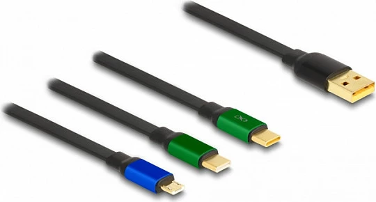 Kabl USB DeLOCK 3-në-1 me mbledhje automatike, USB-A në 2x USB-C + Micro-USB, 1.13 m, fast charging, zi/jeshil/kaltër
