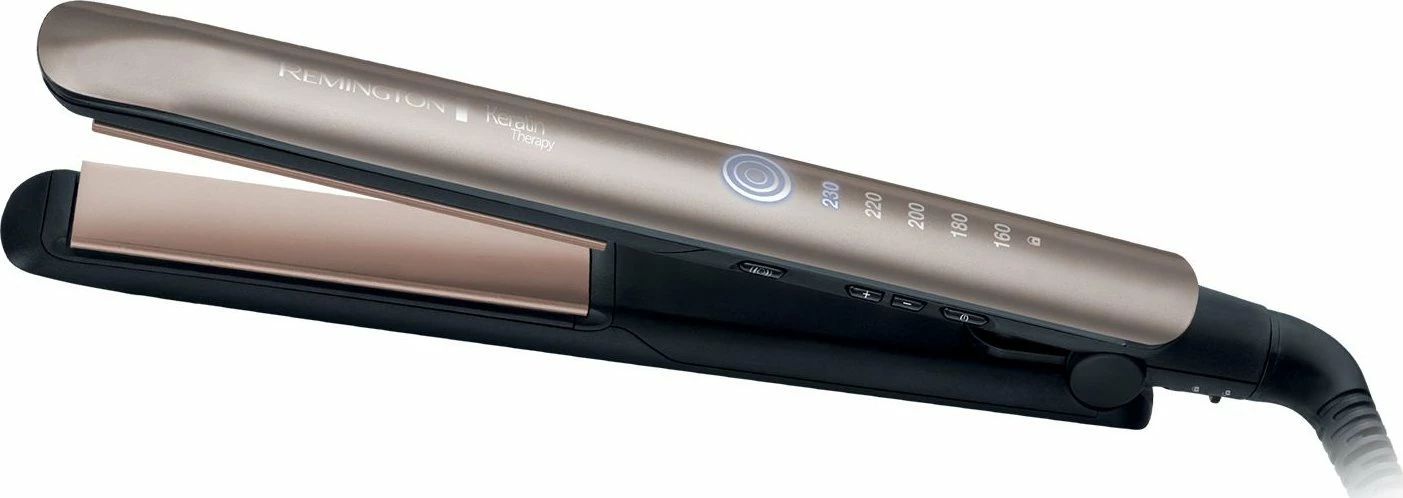 Drejtues flokësh Remington Keratin Therapy S8590, 160-230°C, pllaka qeramike me keratin, krem