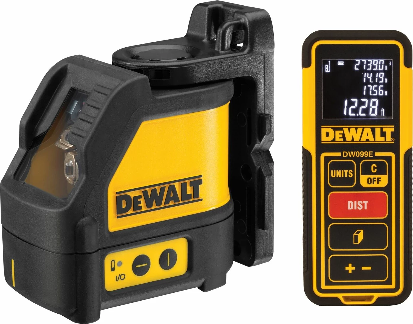Nivel lazer kryq vetënivelues DeWalt DW088 + distancëmatës lazer DW099E, set me kuti TSTAK dhe mbajtës, e verdhë/zezë