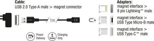 Kablë karikimi DeLOCK 88165, USB-A, 1m, magnetike 3-në-1 (Lightning/Micro-USB/USB-C), e zezë