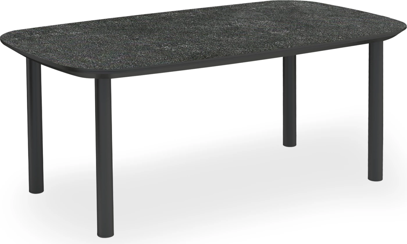 Tavolinë ngrënieje Wales, lartësi e ndërmjetme, kornizë alumini, ngjyrë gri e errët, sipërfaqe xhami 3D, 160x90x65cm