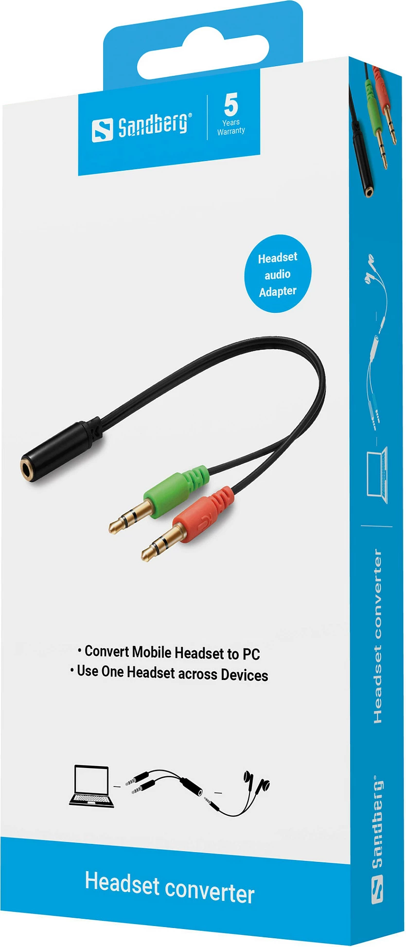 Adapter kufje SANDBERG Headset Converter, iPhone/Apple 3.5mm në PC 2x 3.5mm (audio + mikrofon), zi me konektorë jeshil/rozë