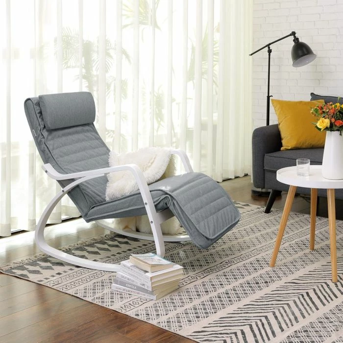 karrige lëkundëse SONGMICS LYY10G, dru thupre, mbështetëse këmbësh e rregullueshme 5 nivele, 150 kg, 67 x 115 x 91 cm, gri e çelët/e bardhë, 1 copë