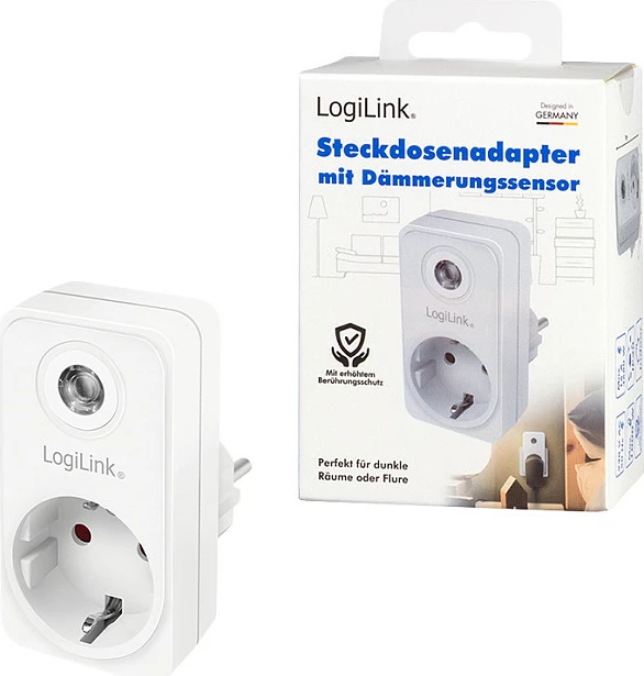 Adapter prize LogiLink PA0263, Schuko Type F, sensor drite, 1 dalje, 16A 3600W, i bardhë